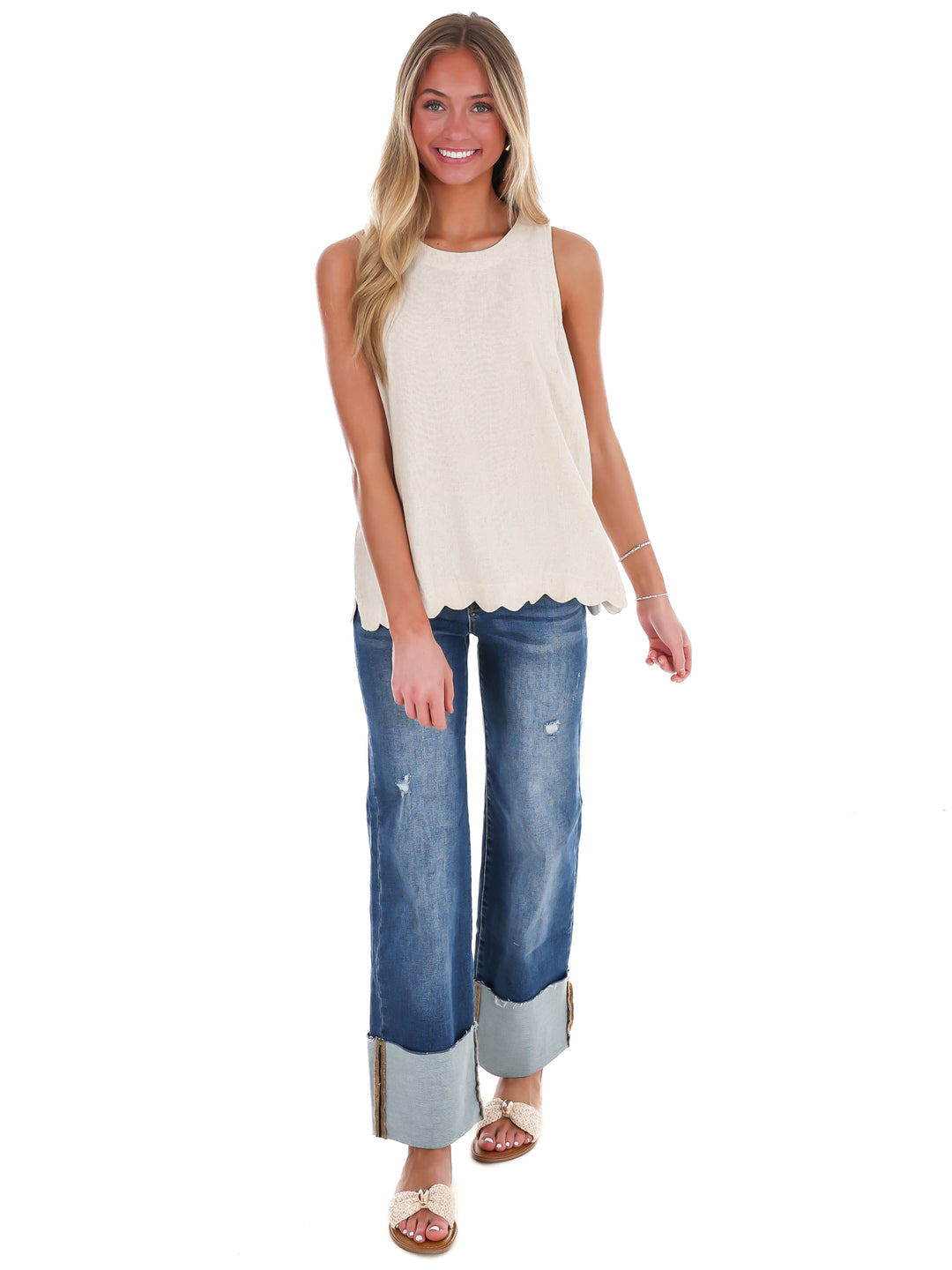 Wake Up Call Linen Scallop Tank Top