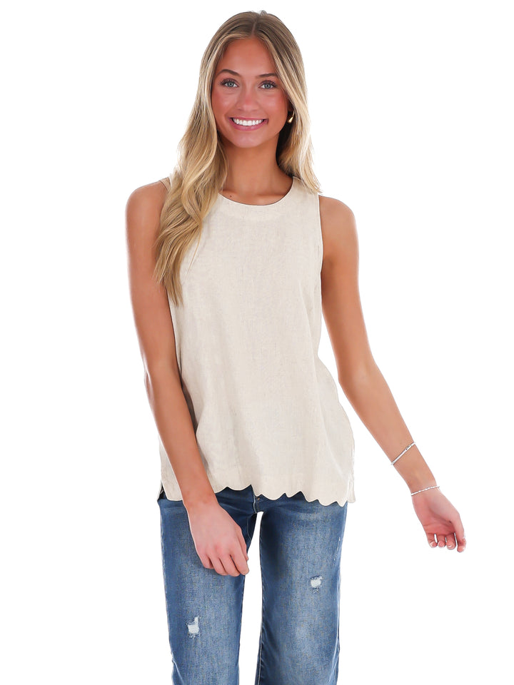 Wake Up Call Linen Scallop Tank Top