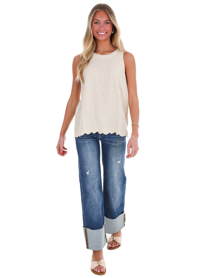 Wake Up Call Linen Scallop Tank Top