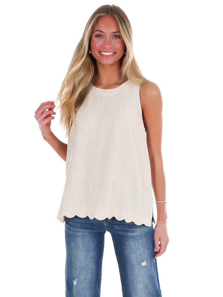 Wake Up Call Linen Scallop Tank Top