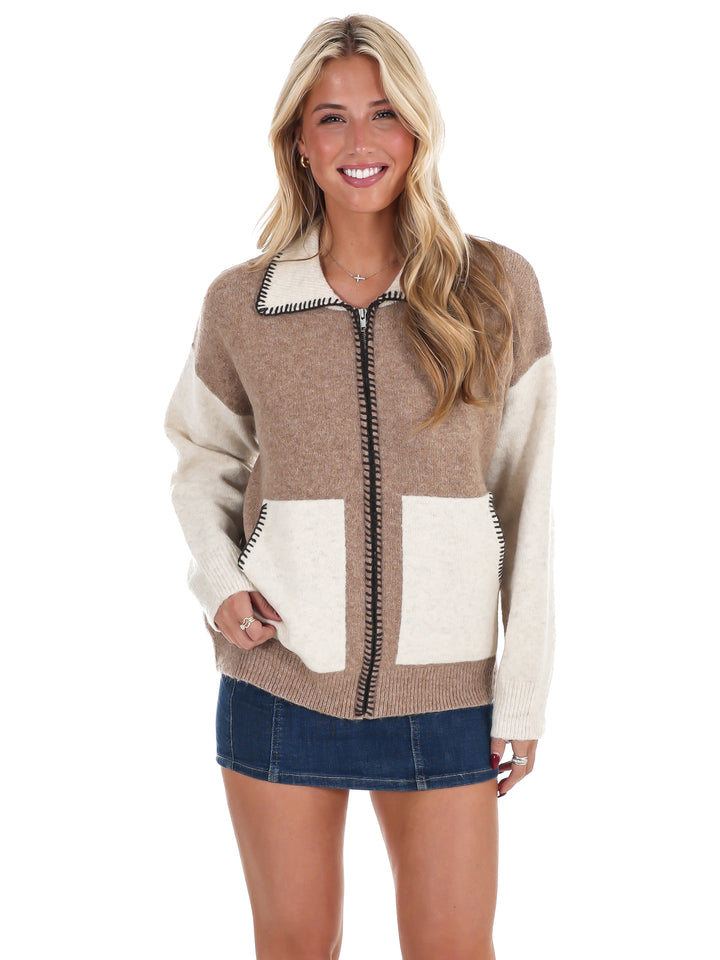Colorblock Zip Up Cardigan
