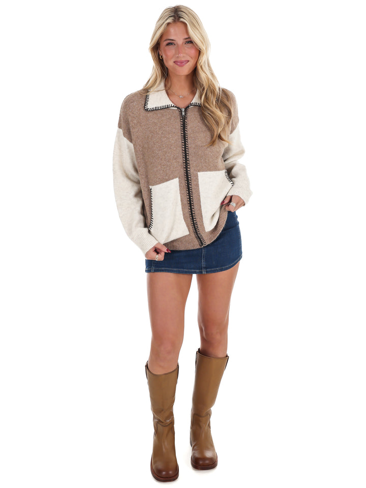 Colorblock Zip Up Cardigan