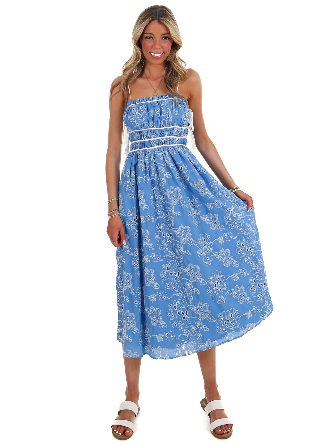 Garden Stroll Floral Eyelet Midi Dress