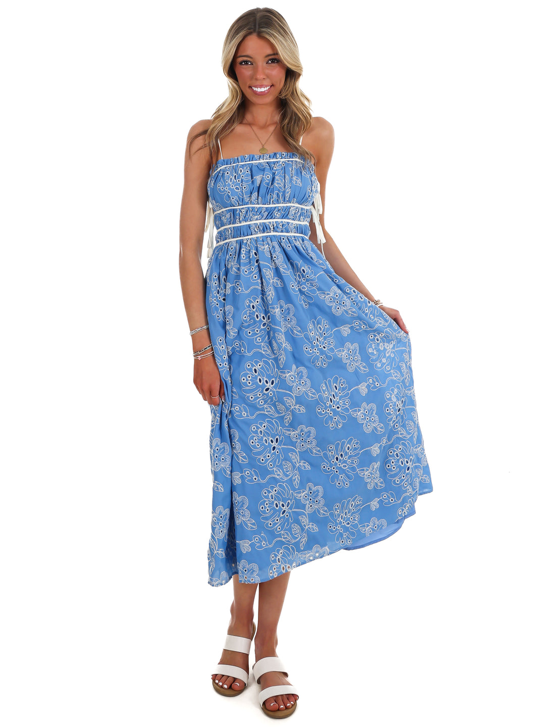 Garden Stroll Floral Eyelet Midi Dress
