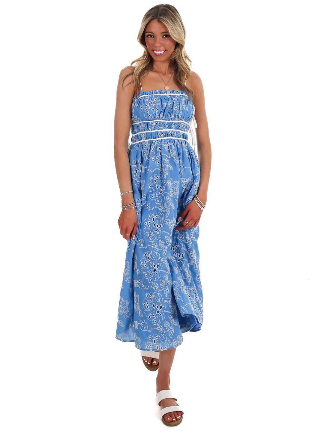 Garden Stroll Floral Eyelet Midi Dress