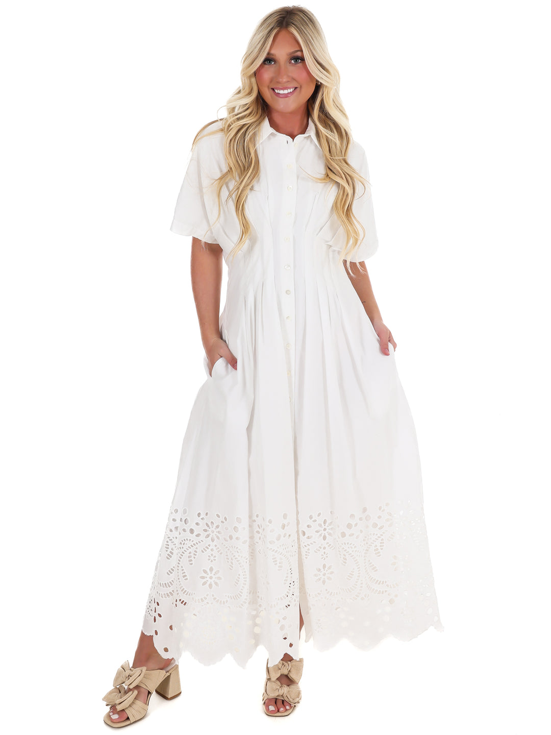 Think On It Embroidered Eyelet Midi Dress