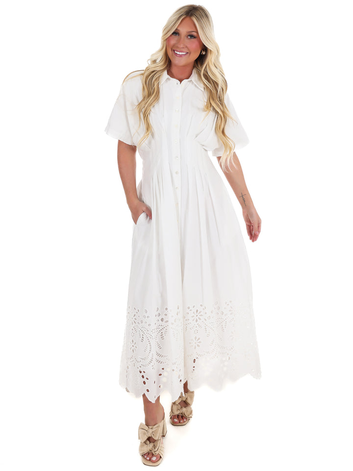 Think On It Embroidered Eyelet Midi Dress