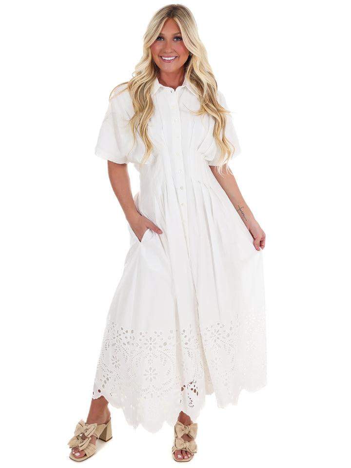 Think On It Embroidered Eyelet Midi Dress