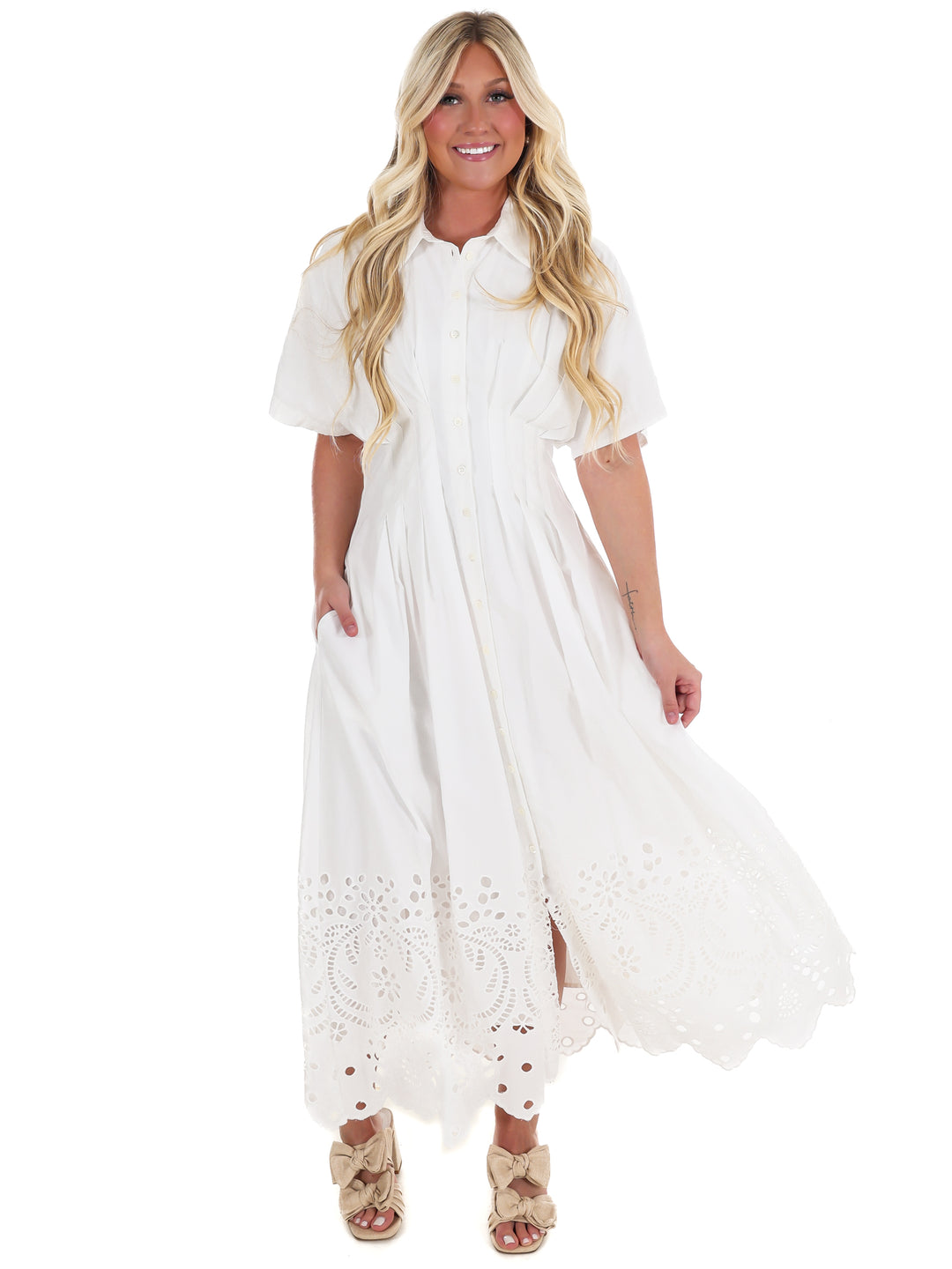 Think On It Embroidered Eyelet Midi Dress