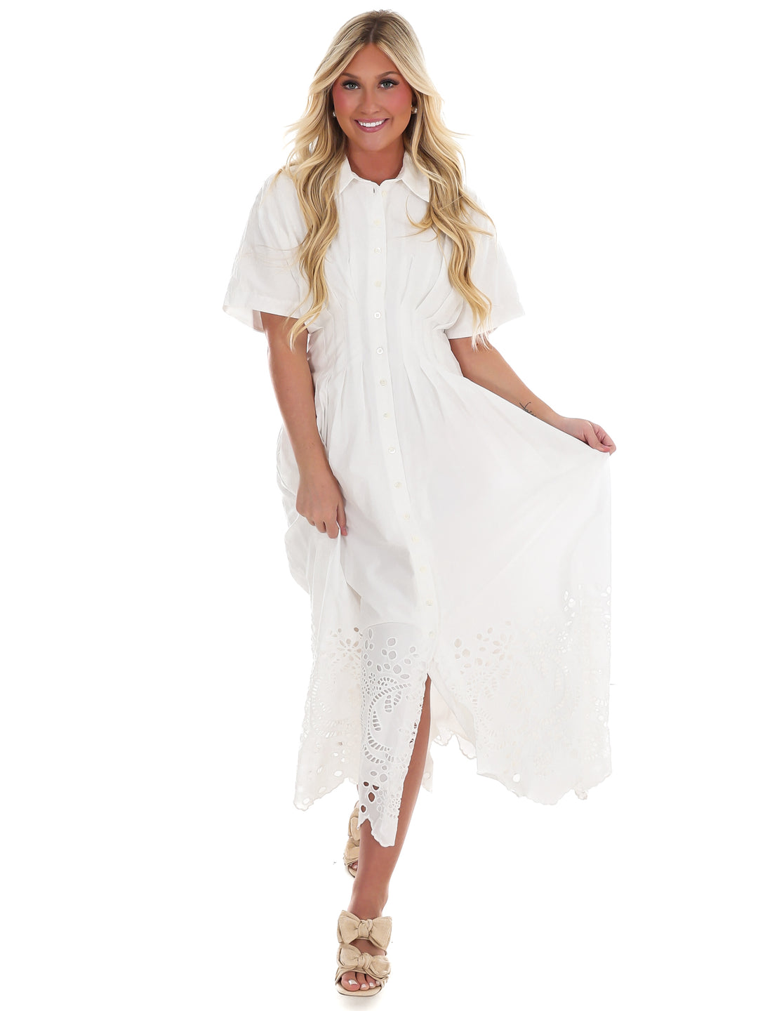 Think On It Embroidered Eyelet Midi Dress