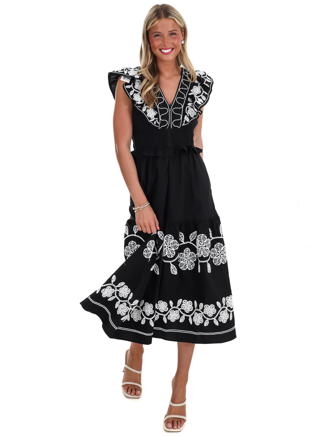 josie embroidered linen midi dress UO Josie Floral Embroidered Linen Midi Dress
