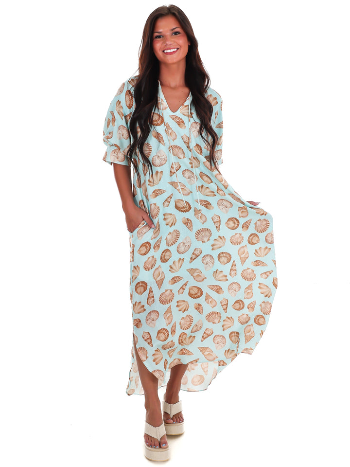To the Sea and Back Shell Print Midi Dress