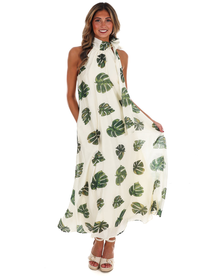 Palm Haven Halter Neck Maxi Dress