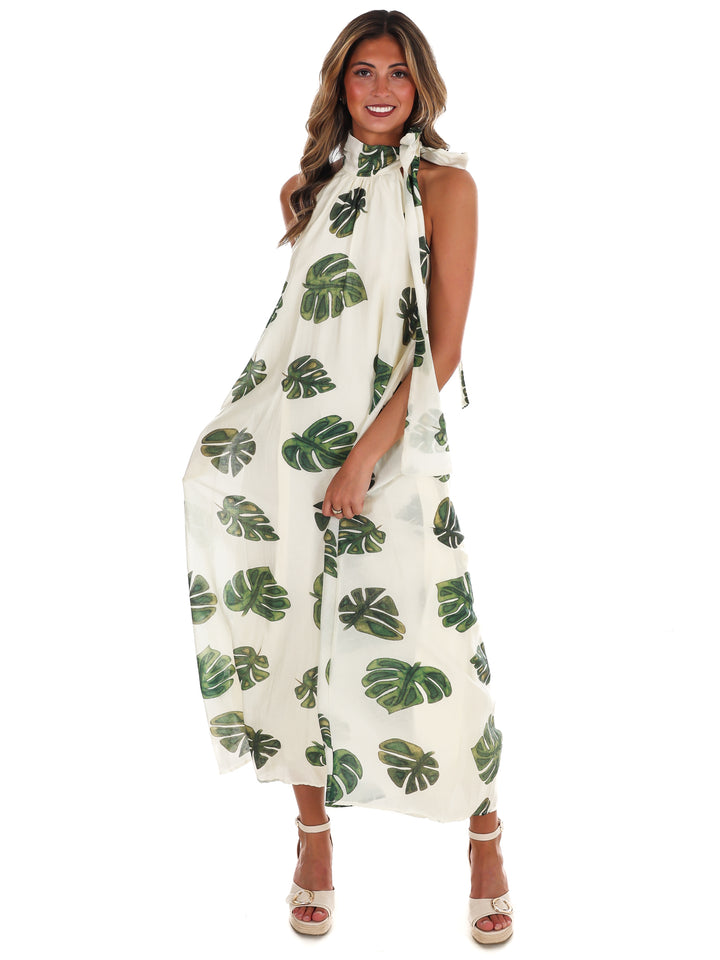 Palm Haven Halter Neck Maxi Dress