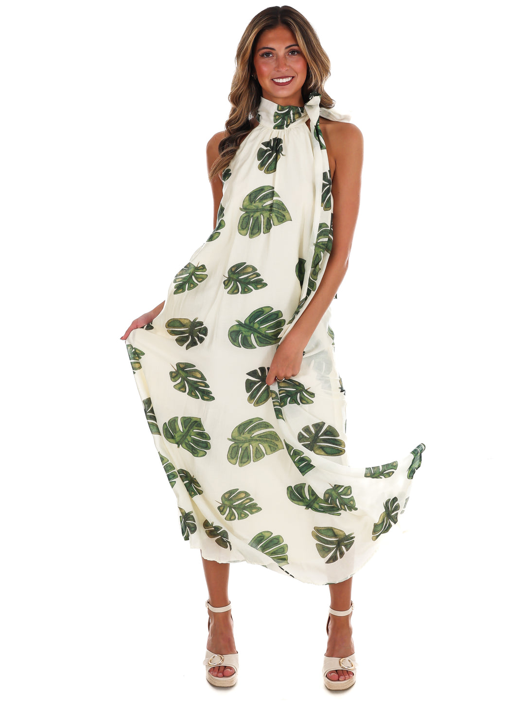 Palm Haven Halter Neck Maxi Dress