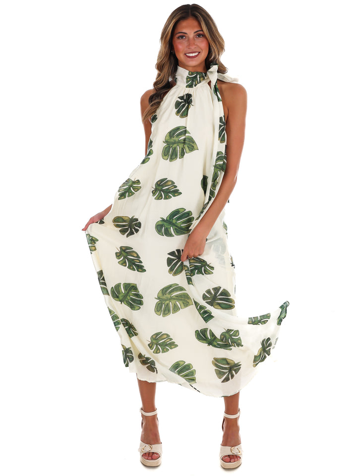 Palm Haven Halter Neck Maxi Dress