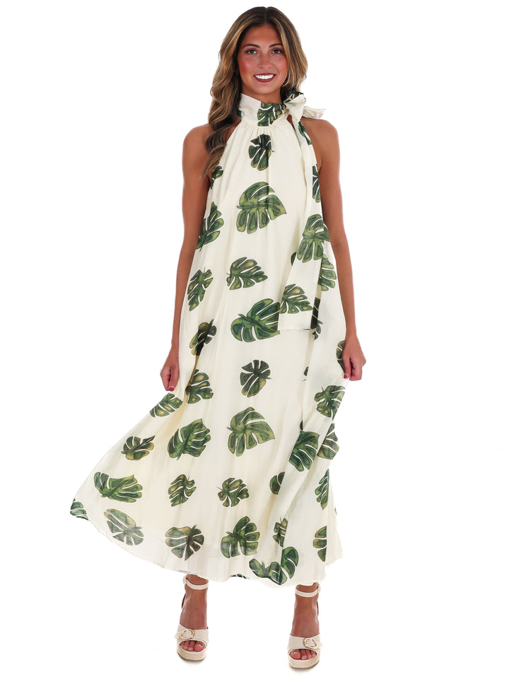 Palm Haven Halter Neck Maxi Dress