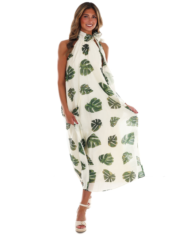 Palm Haven Halter Neck Maxi Dress