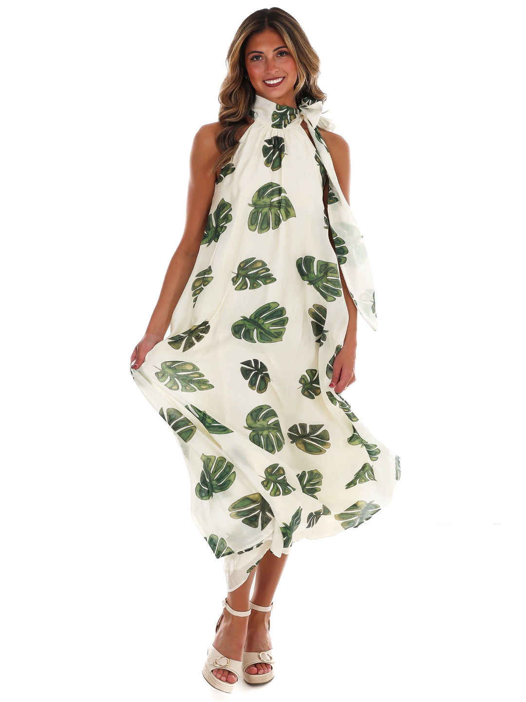 Palm Haven Halter Neck Maxi Dress