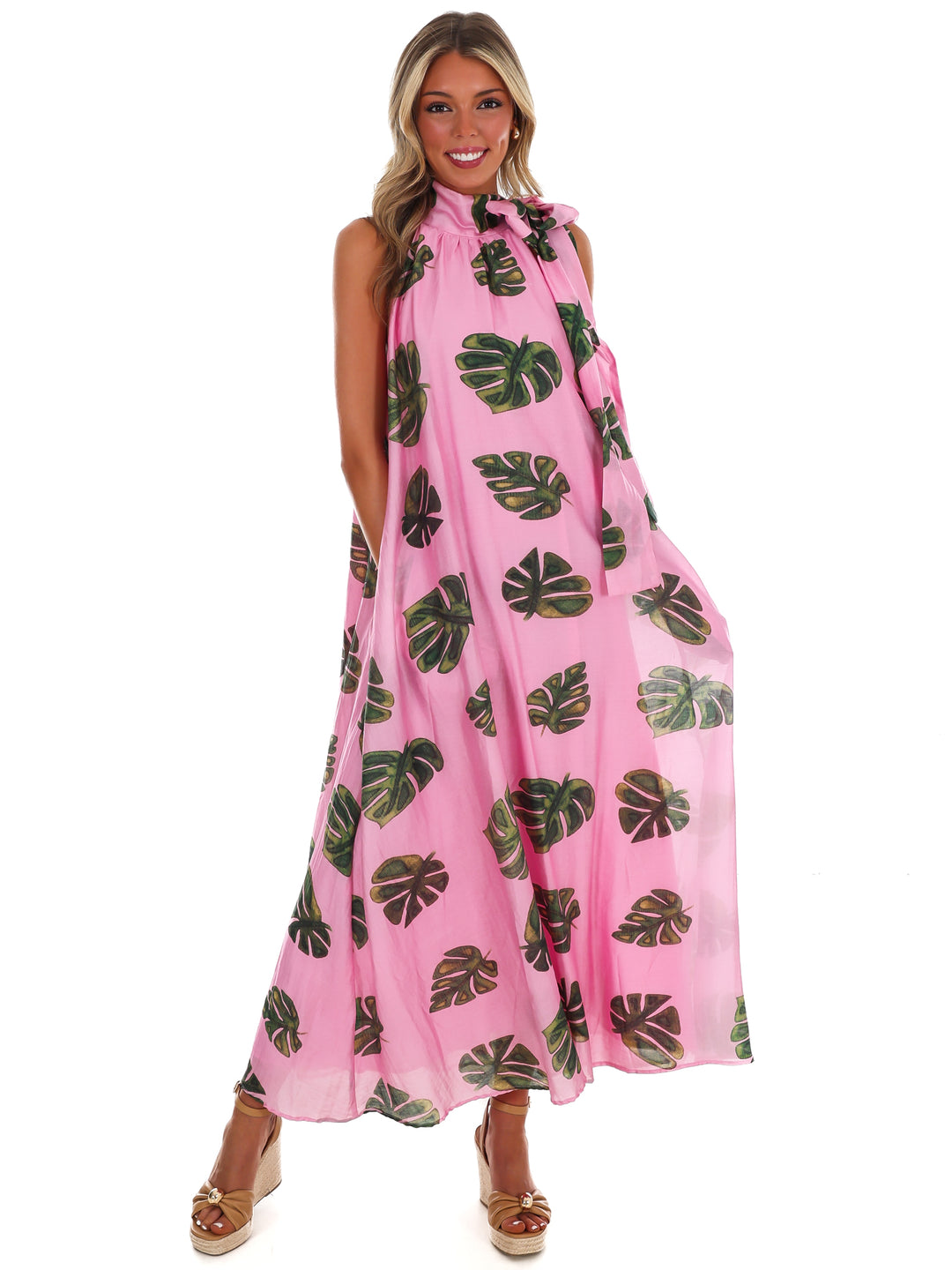 Palm Haven Halter Neck Maxi Dress