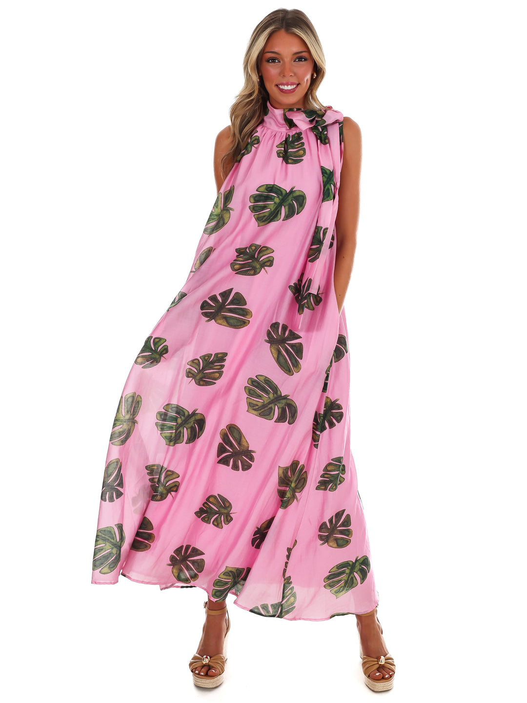 Palm Haven Halter Neck Maxi Dress