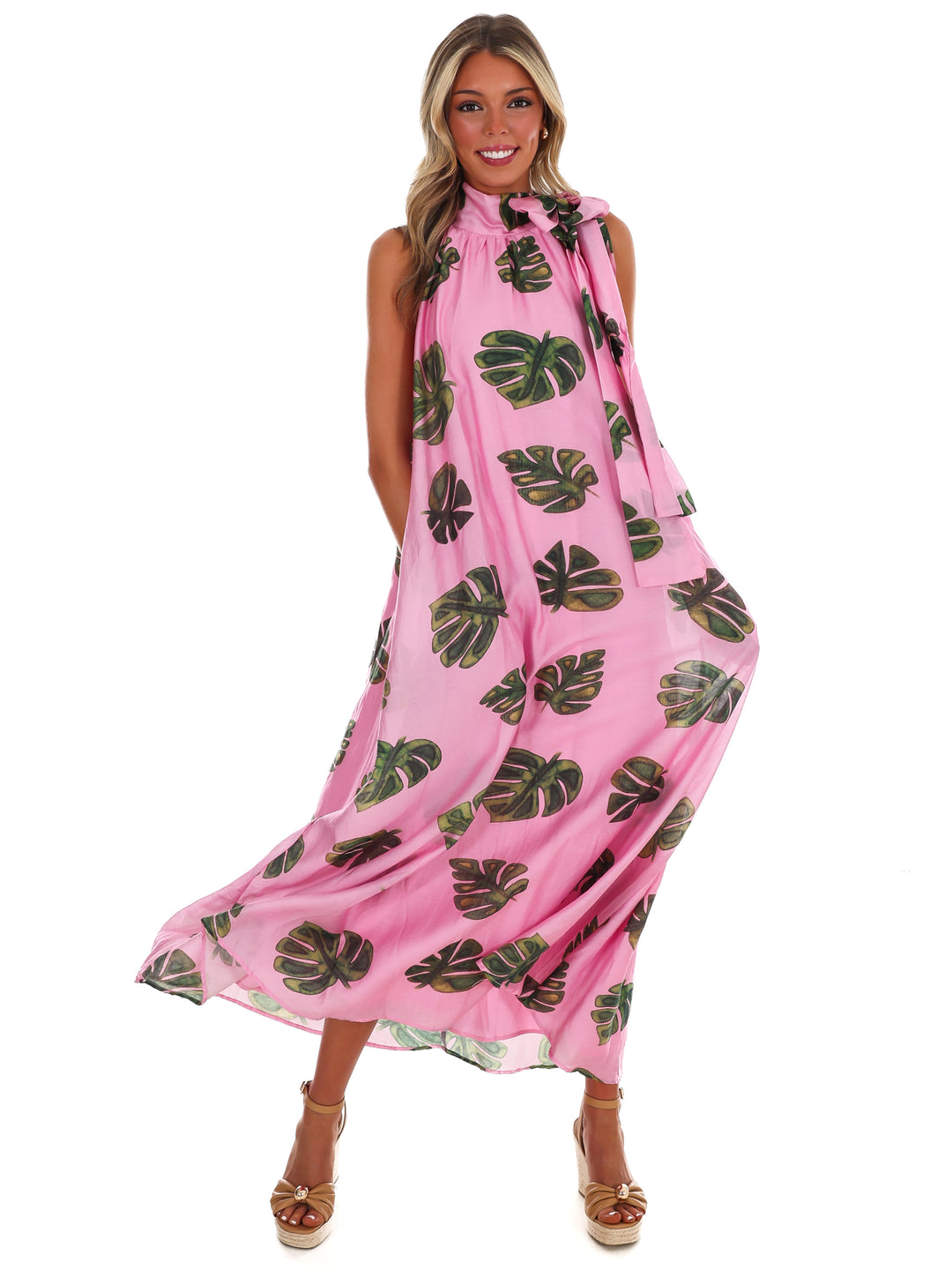 Palm Haven Halter Neck Maxi Dress