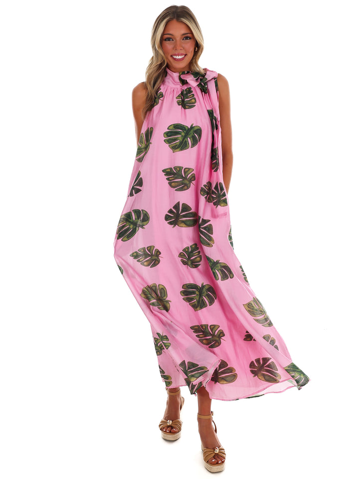 Palm Haven Halter Neck Maxi Dress