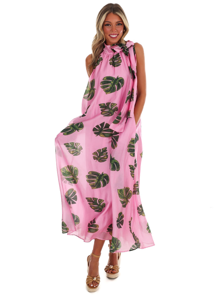 Palm Haven Halter Neck Maxi Dress