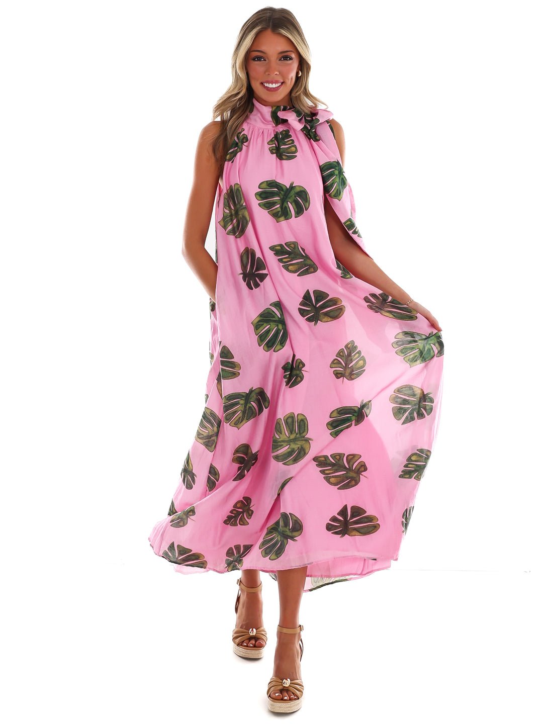 Palm Haven Halter Neck Maxi Dress