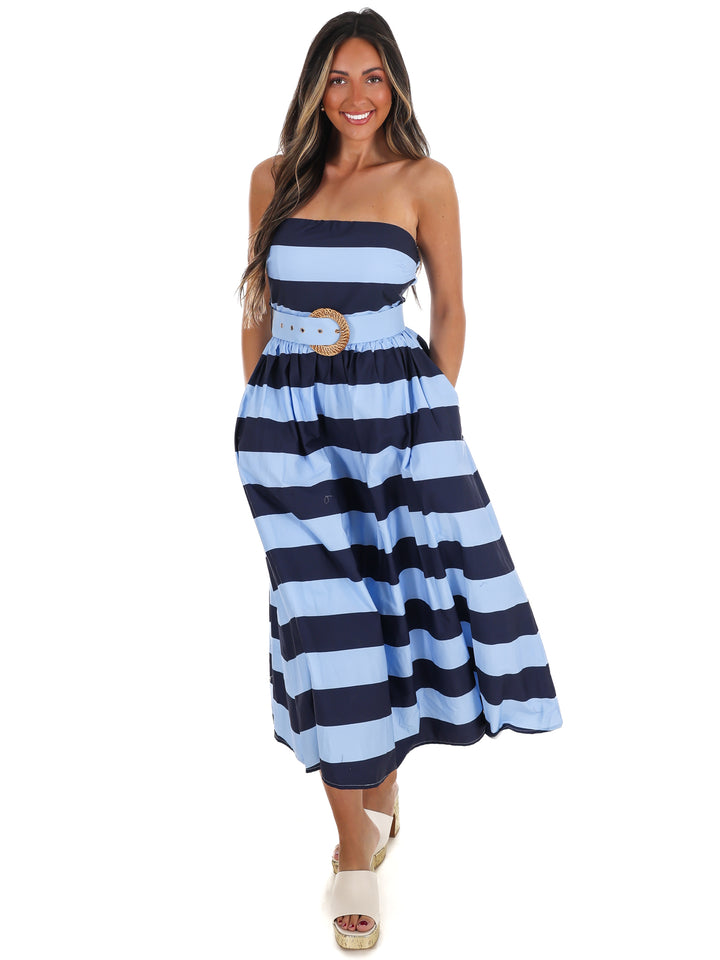 Tidewater Strapless Stripe Midi Dress