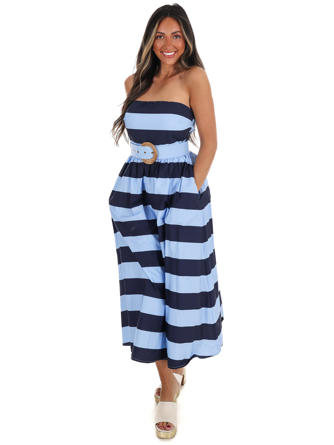 Tidewater Strapless Stripe Midi Dress