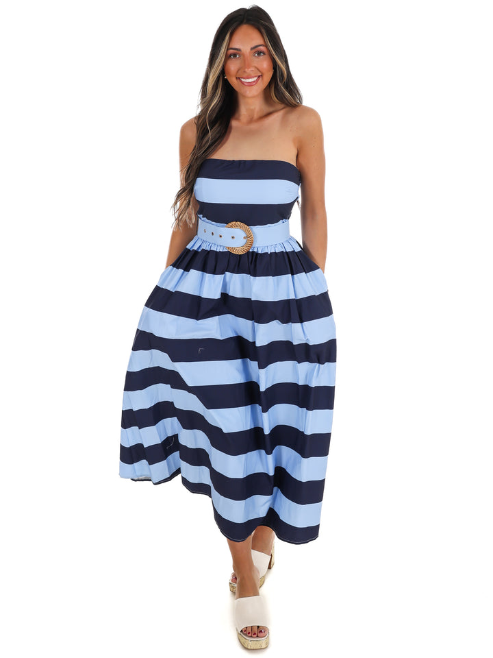 Tidewater Strapless Stripe Midi Dress