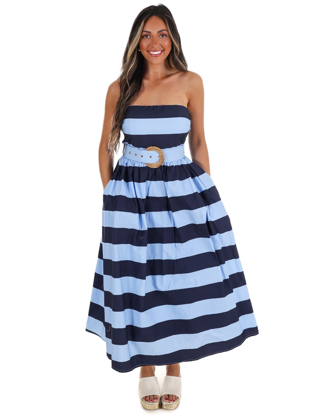 Tidewater Strapless Stripe Midi Dress