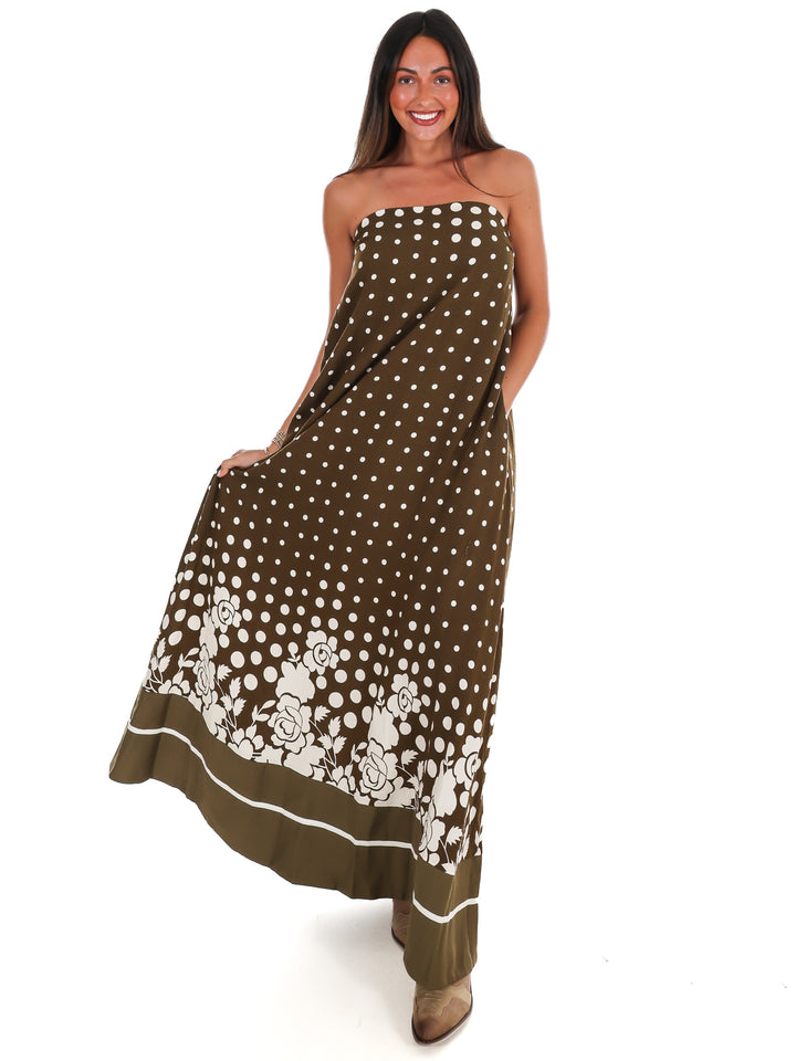 Everything in Place Strapless Polka Dot Maxi Dress