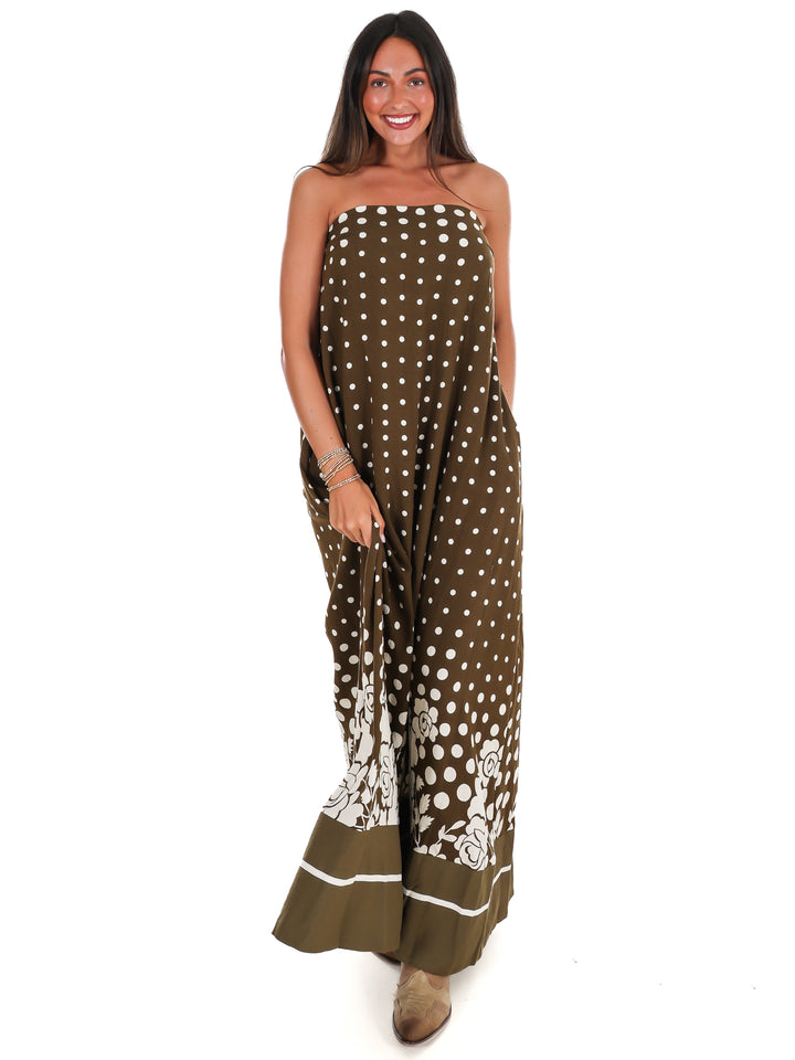 Everything in Place Strapless Polka Dot Maxi Dress