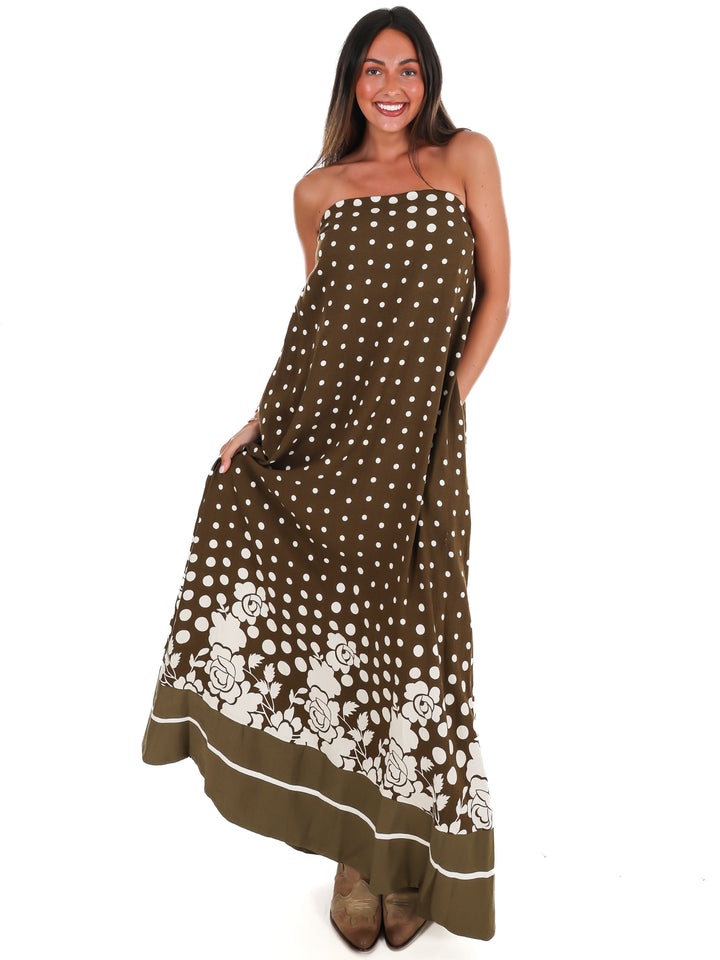 Everything in Place Strapless Polka Dot Maxi Dress