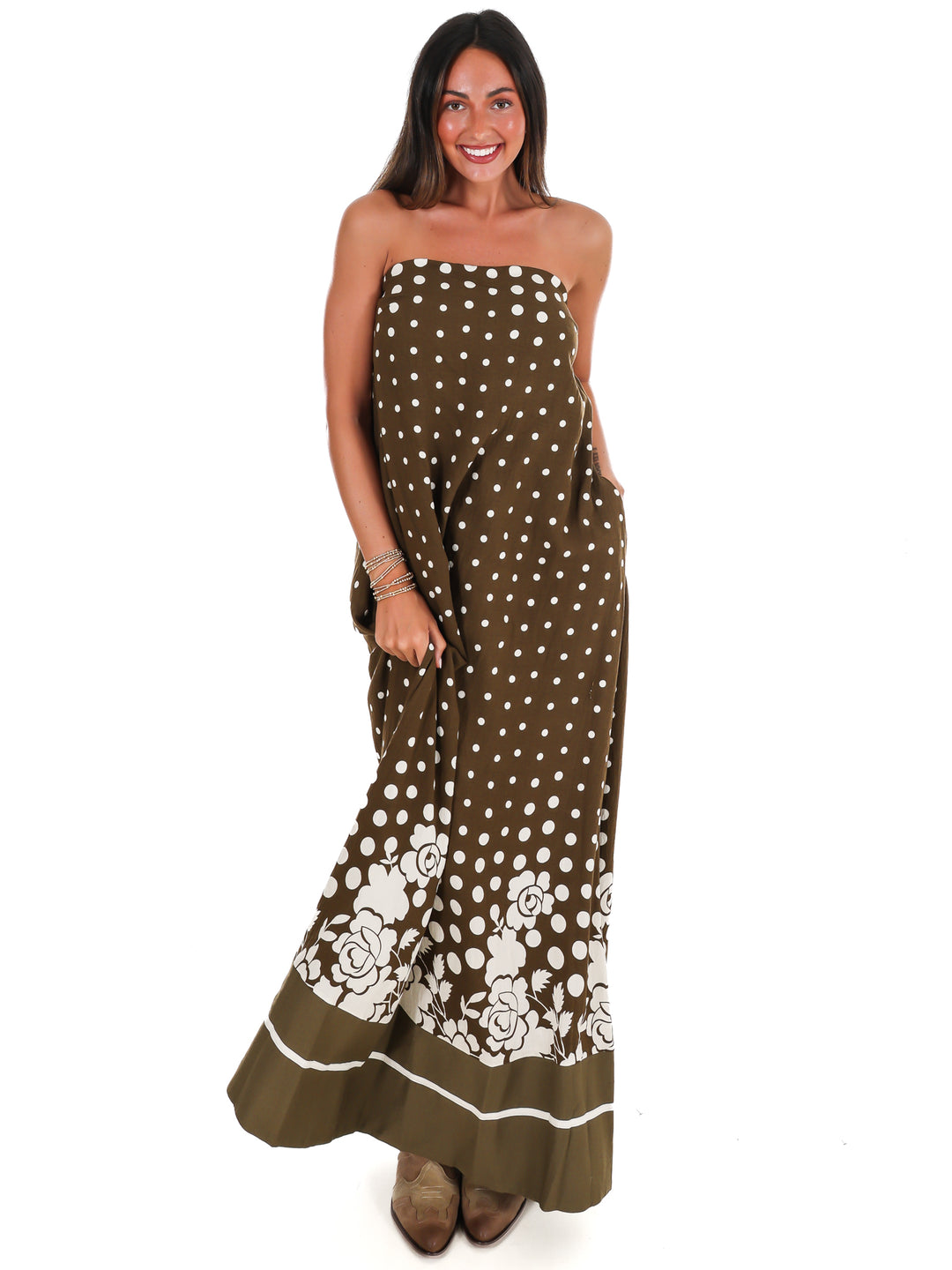 Everything in Place Strapless Polka Dot Maxi Dress