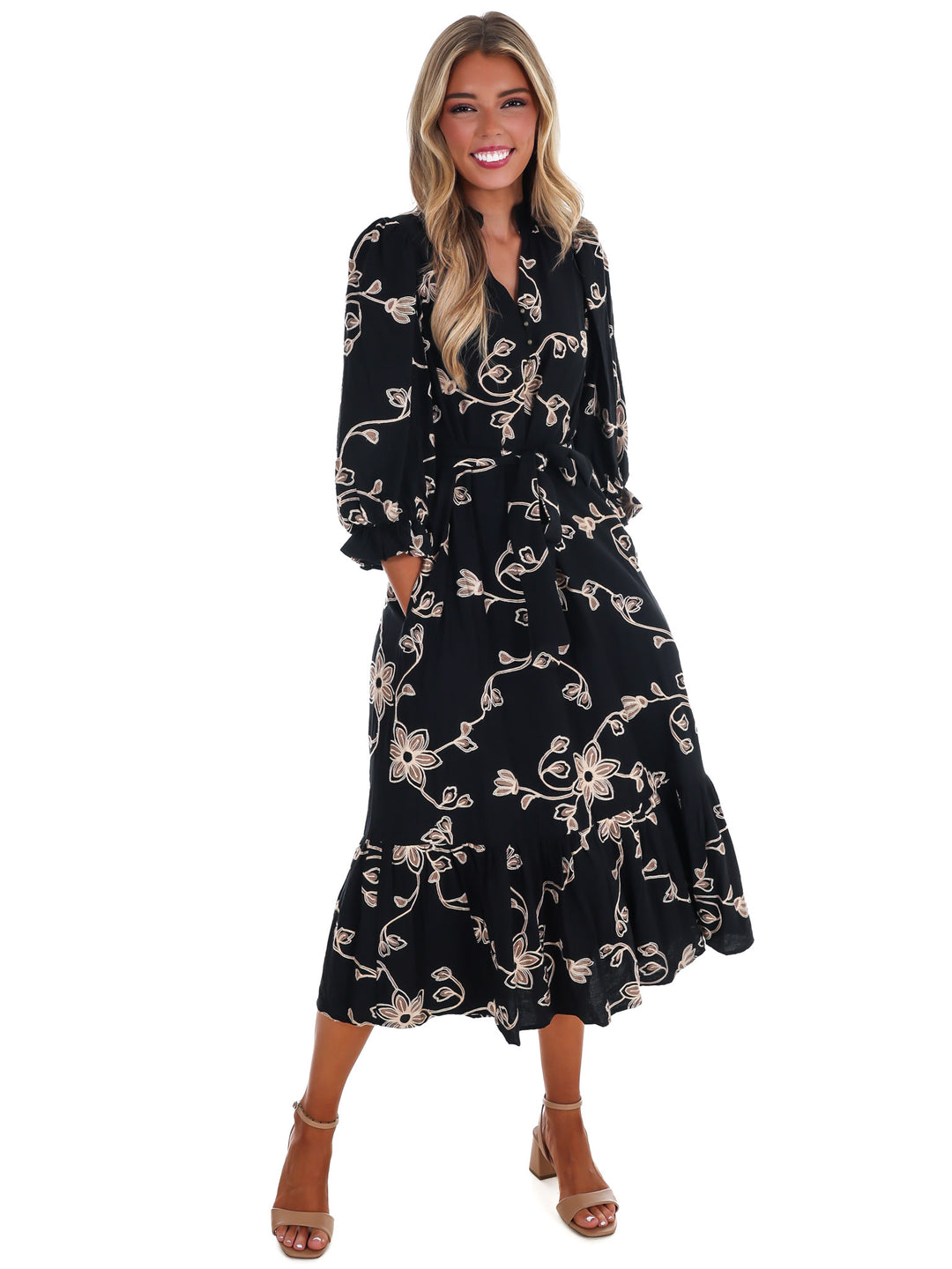 Golden Bloom Floral Midi Dress