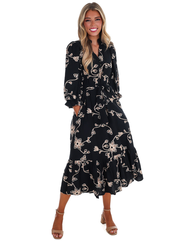 Golden Bloom Floral Midi Dress