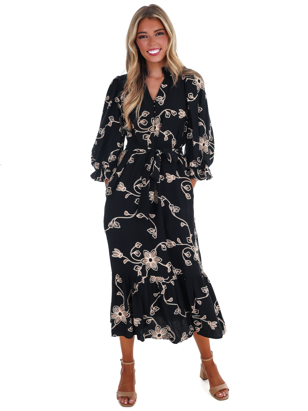 Golden Bloom Floral Midi Dress