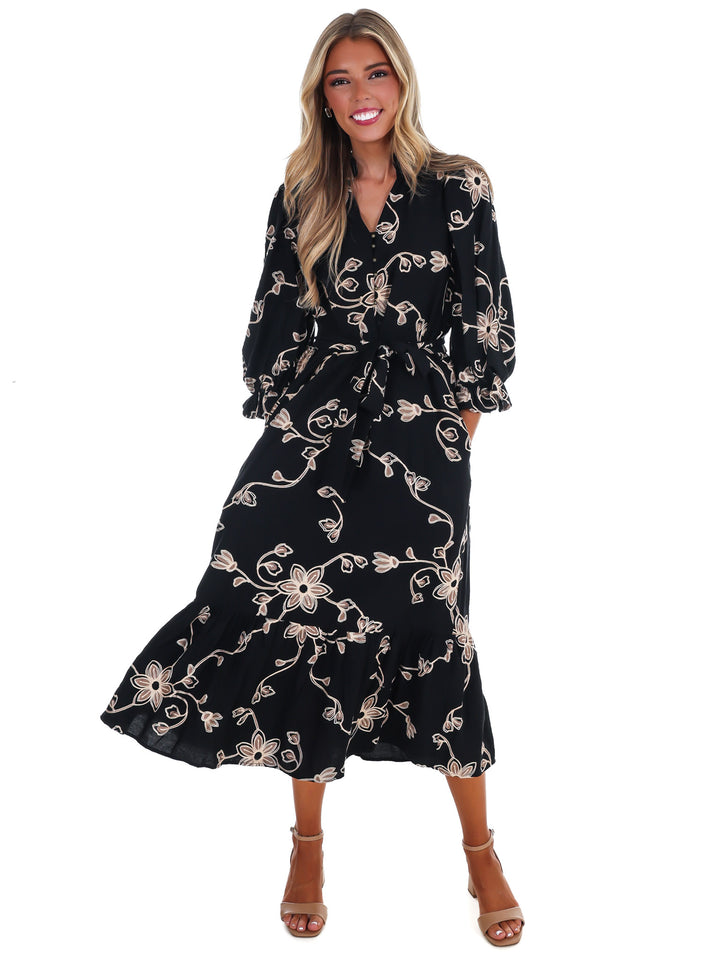 Golden Bloom Floral Midi Dress