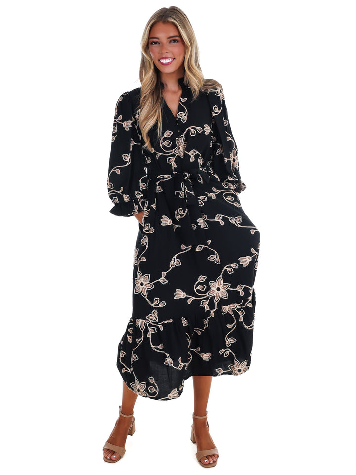 Golden Bloom Floral Midi Dress