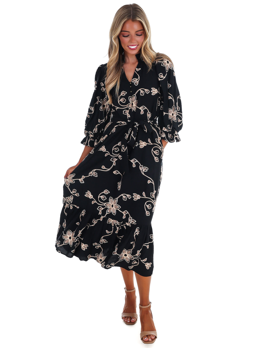 Golden Bloom Floral Midi Dress