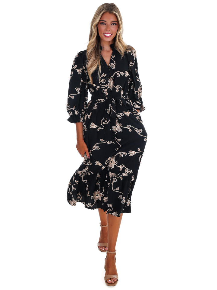 Golden Bloom Floral Midi Dress