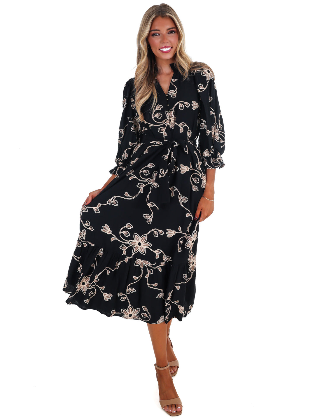 Golden Bloom Floral Midi Dress