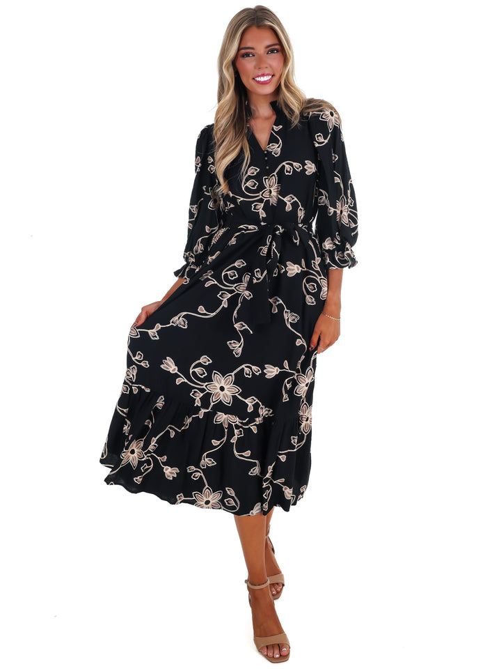 Golden Bloom Floral Midi Dress