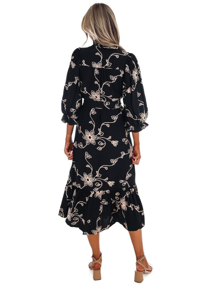 Golden Bloom Floral Midi Dress