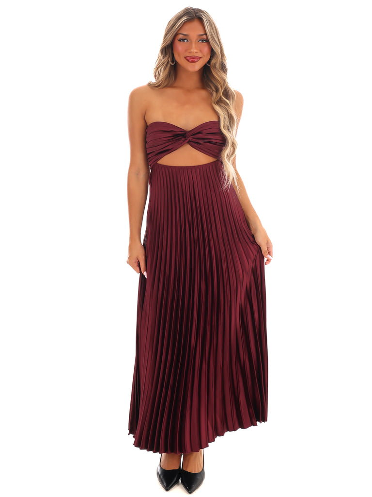 blue dress for baby girl Burgundy Pleated Satin Dolman Sleeve Maxi Dress main image 1