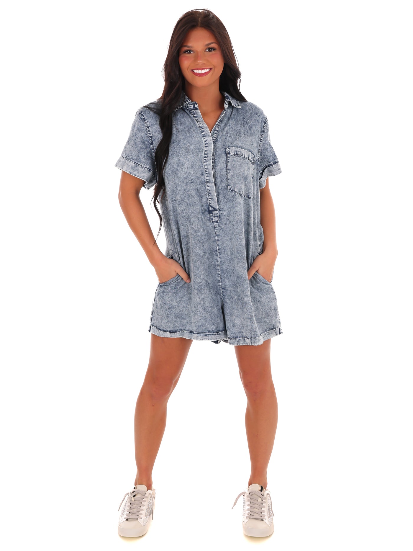 Come to Me Denim Romper