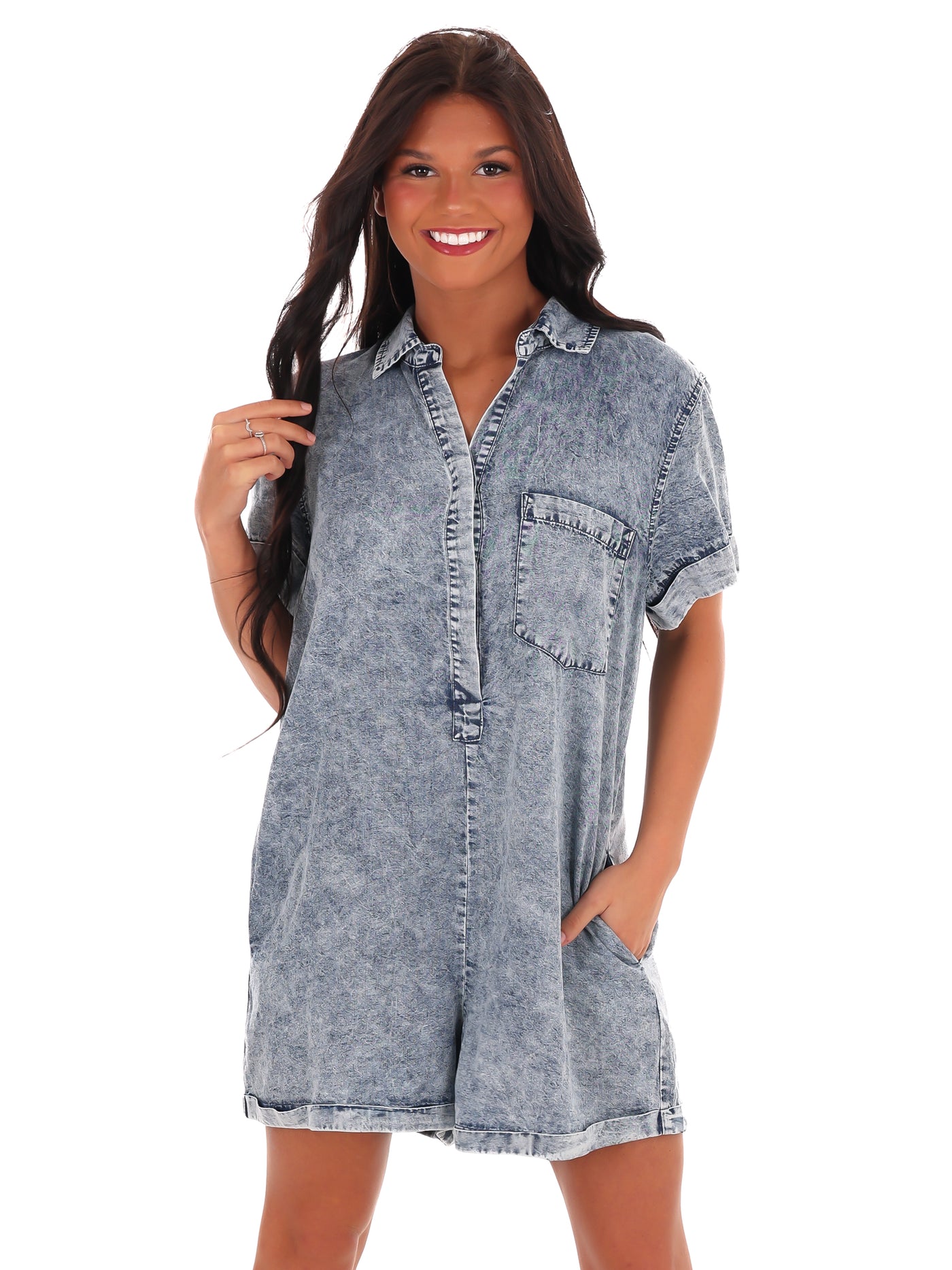 Come to Me Denim Romper